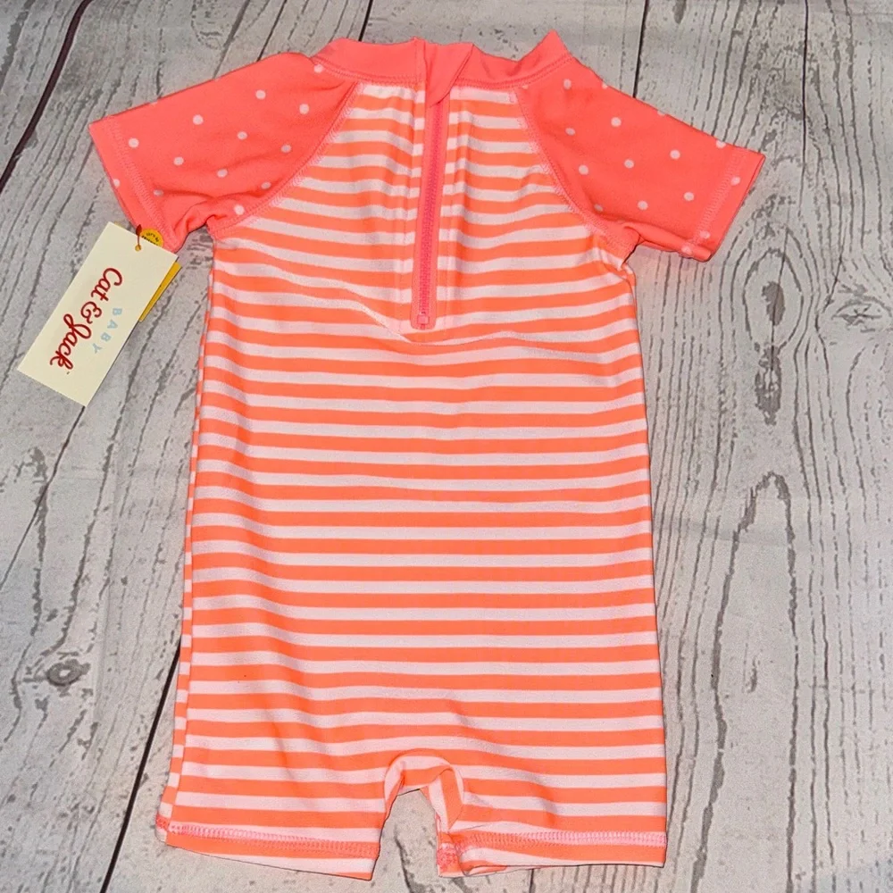 Cat & Jack Coral Stripe Flamingo Swim Romper Rashguard Swimsuit